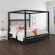 Abrie Solid Wood Canopy Queen Bed | Button Tufted | Touch LED | Dark Gray