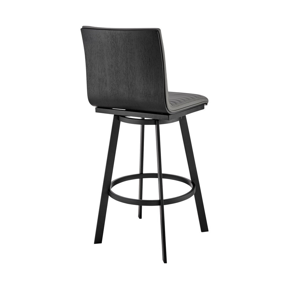 Aron 30 Inch Bar Height Swivel Stool Vegan Faux Leather Gray Black By Casagear Home BM283258