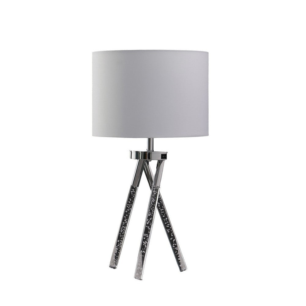 27 Inch Accent Table Lamp, Hardback Fabric Drum Shade, White, Silver Chrome By Casagear Home