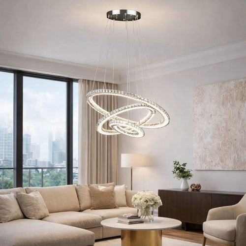 Adjustable Chandelier | 12-47" | Offset Circle Design | Silver Chrome