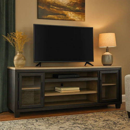 Ashley 83 Inch TV Entertainment Media Console, 2 Door, Wood, Glass, Black, Brown