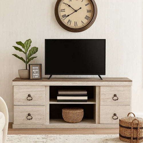Rustic TV Media Console | 60" | Round Handles | Wood | White