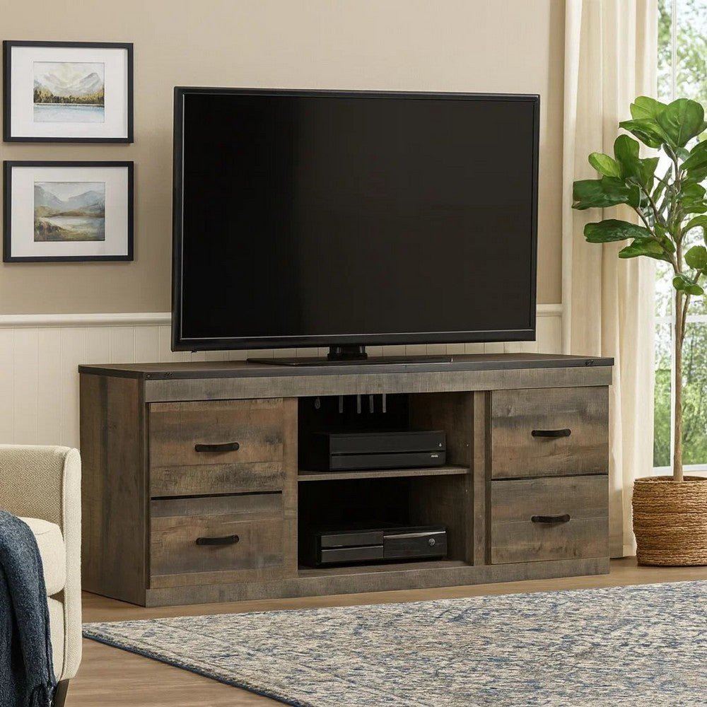 Ashley 60 Inch Wood TV Media Entertainment Console, 3 Shelves, Metal Rivet, Brown