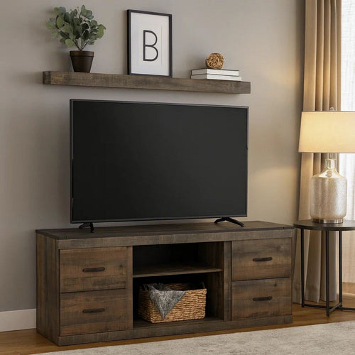 Ashley 60 Inch Wood TV Media Entertainment Console, 3 Shelves, Metal Rivet, Brown