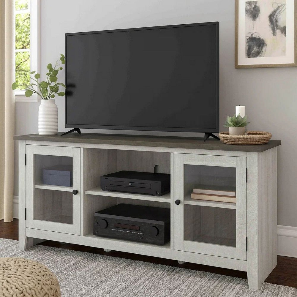 TV Entertainment Console | 60" | 2 Glass Doors | Farmhouse | White Gray
