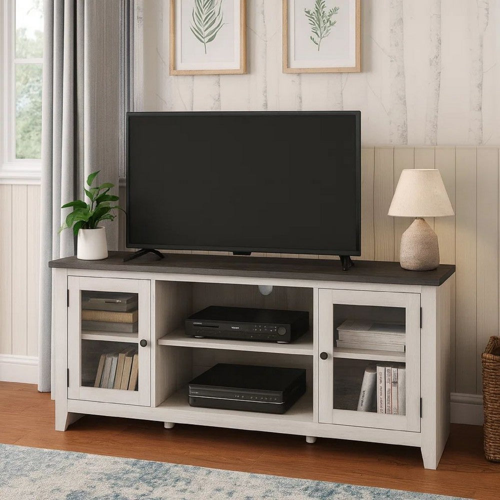 TV Entertainment Console | 60" | 2 Glass Doors | Farmhouse | White Gray