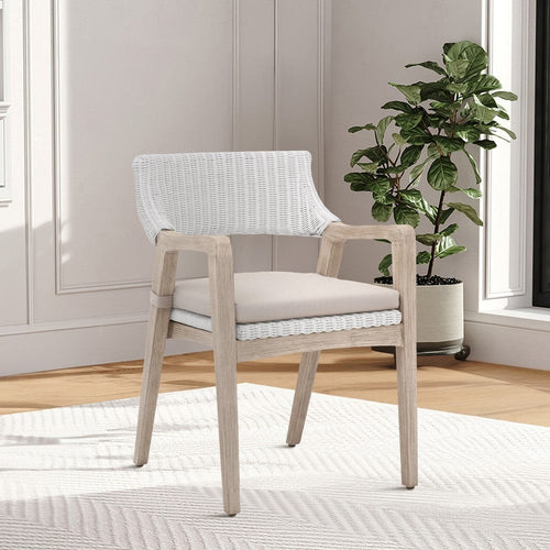 Classic Wood Armchair | 22" | Rattan | Double Cushion | White Gray Fabric