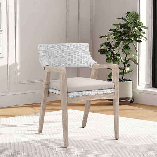 Classic Wood Armchair | 22" | Rattan | Double Cushion | White Gray Fabric