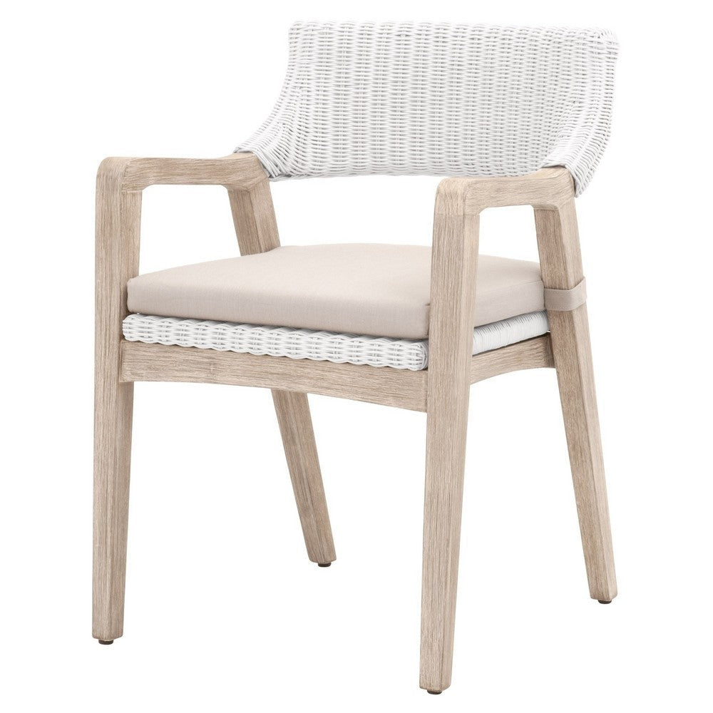 22 Inch Classic Wood Armchair Rattan Double Cushion White Gray Fabric By Casagear Home BM283502