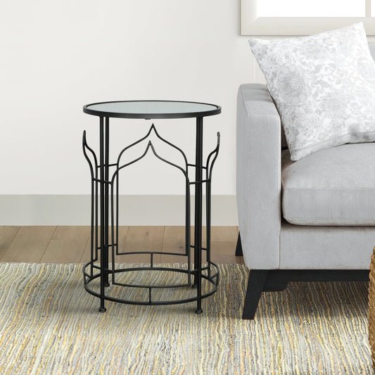 23 Inch Modern Side Table, Glass Top, Geometric Design, Set of 2, Black By Casagear Home