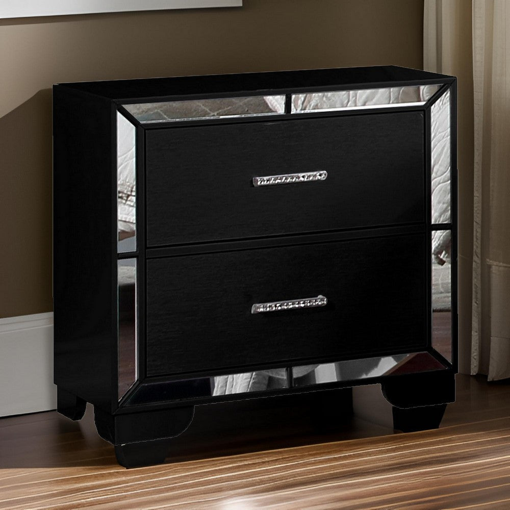 Koi Pine Wood Nightstand | 27" | 2 Drawers | Wire Brush | Mirror Trim | Black