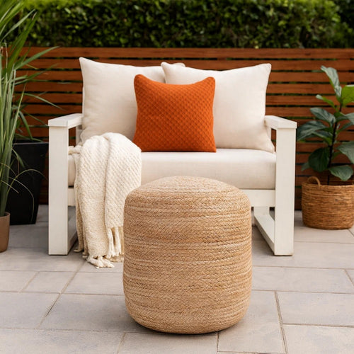 Round Accent Pouf | 18" | Soft Braided Jute Design | Natural Cream Orange