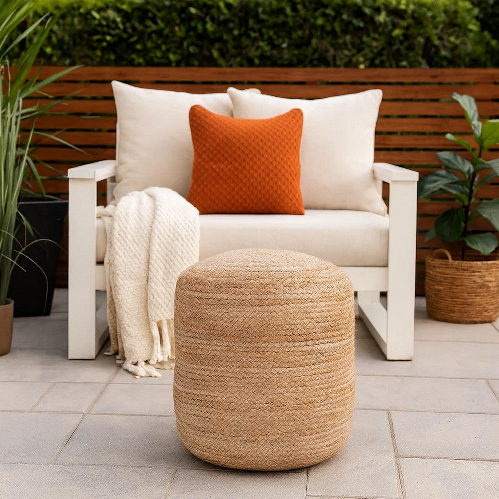 Round Accent Pouf | 18" | Soft Braided Jute Design | Natural Cream Orange