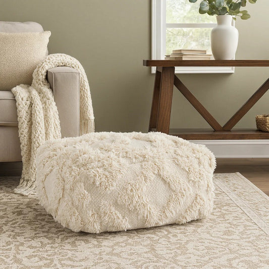 Cotton Accent Pouf | 24" | Handwoven Textured Geometric Shag | Off White