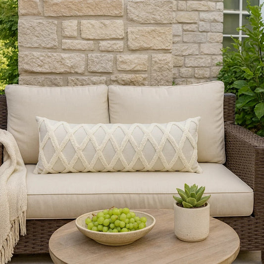 Lumbar Linen Accent Throw Pillow | 16 x 36 | Tufted Diamonds | Ivory White