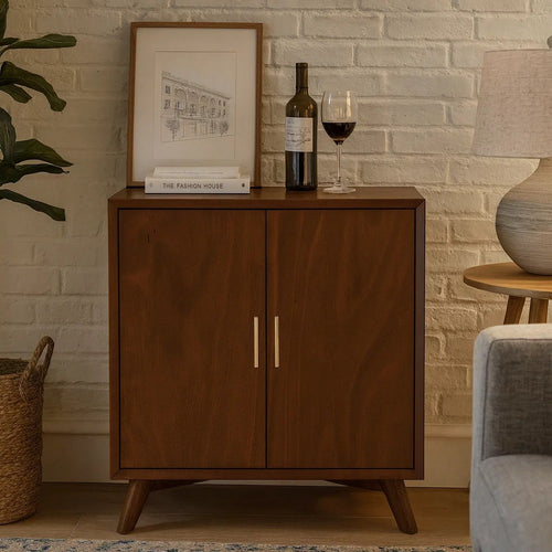 Ian Bar Cabinet | 36" | 2 Doors | Mahogany Wood | Wine Rack | Walnut Brown