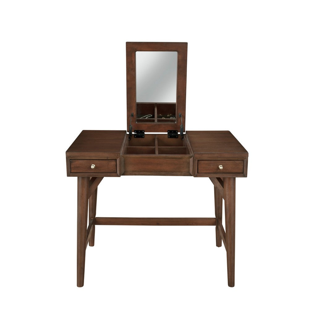 Ian 36 Inch 2 Drawer Vanity Desk, Flip Up Mirror, Mahogany, Walnut Brown