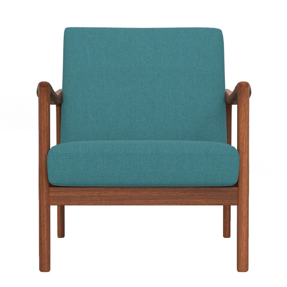 34 Inch Fabric Padded Accent Lounge Chair, Rubberwood, Teal Blue, Brown
