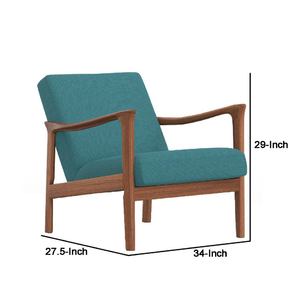 34 Inch Fabric Padded Accent Lounge Chair, Rubberwood, Teal Blue, Brown