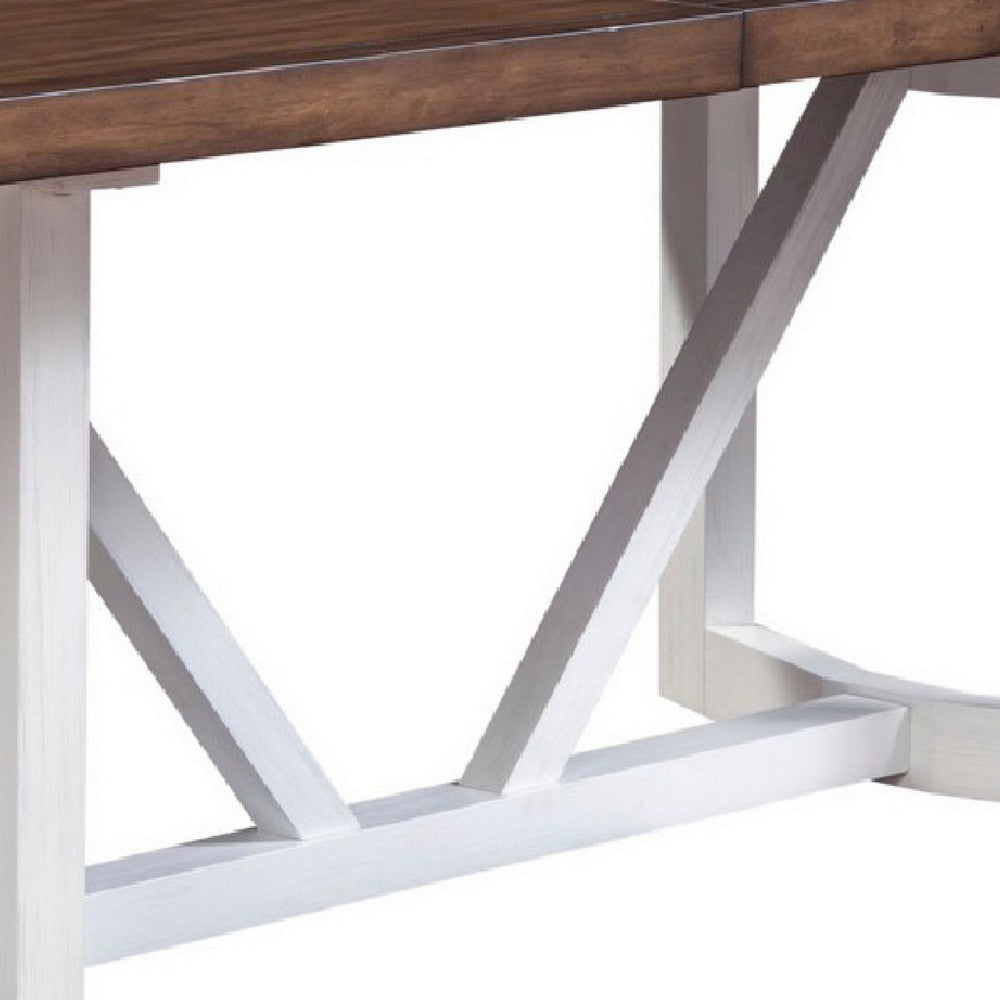 Dan 96 Inch Large Dining Table, Removable Leaf, Pine Wood, Brown, White