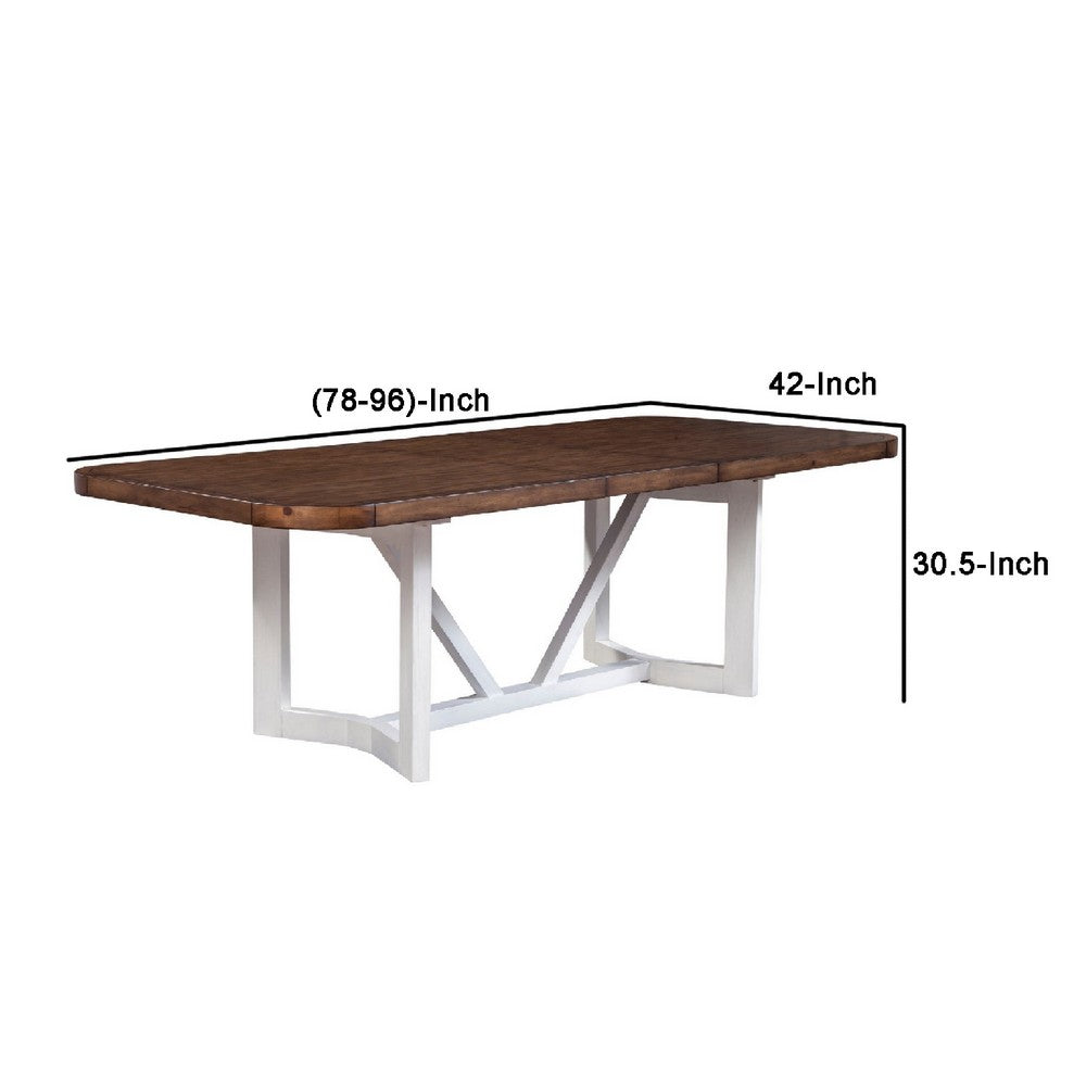 Dan 96 Inch Large Dining Table, Removable Leaf, Pine Wood, Brown, White