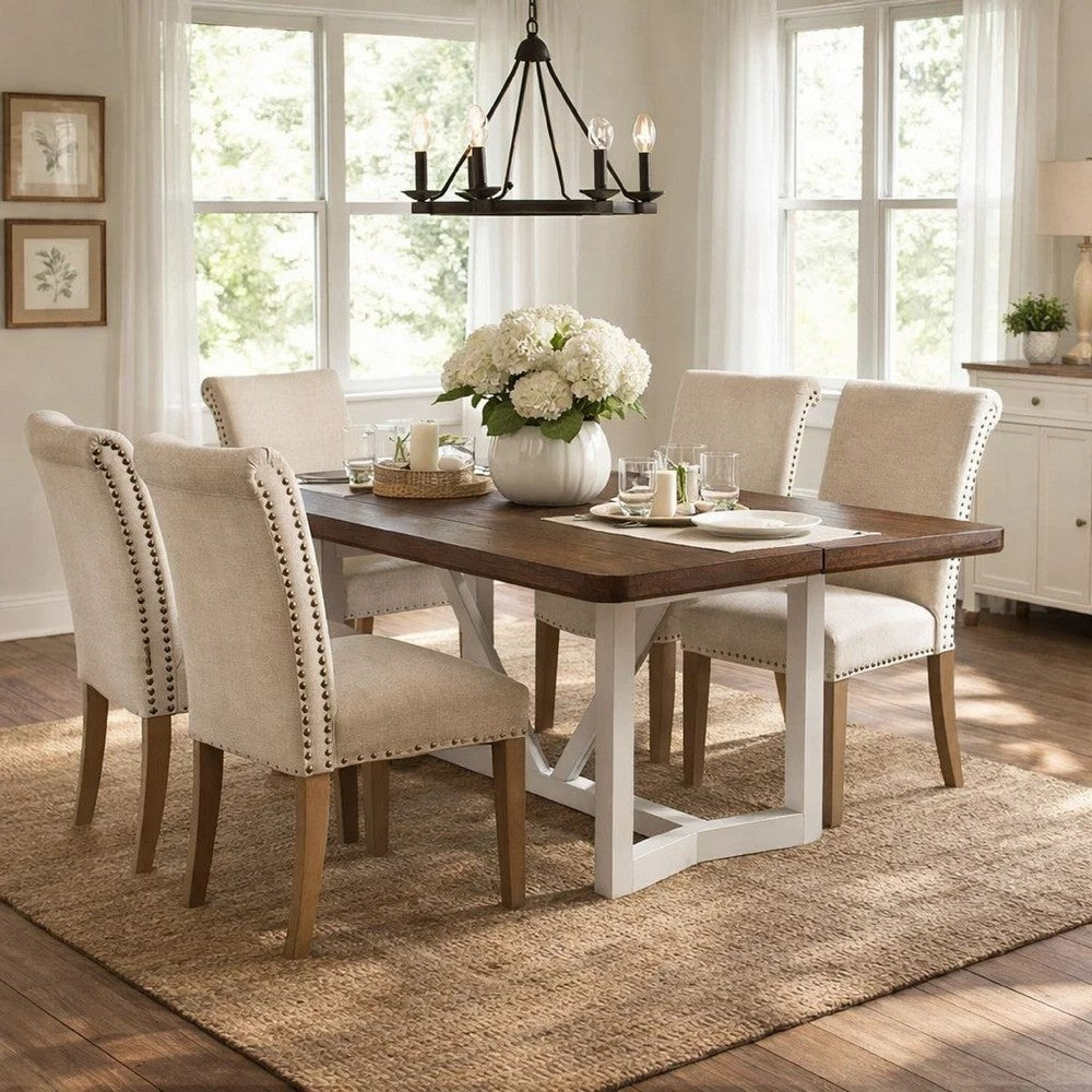 Dan 96 Inch Large Dining Table, Removable Leaf, Pine Wood, Brown, White