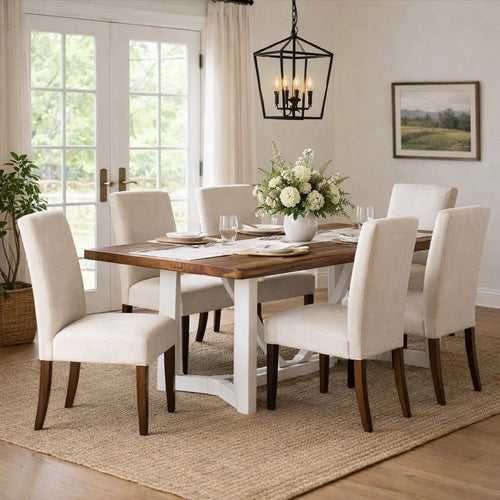 Dan 96 Inch Large Dining Table, Removable Leaf, Pine Wood, Brown, White