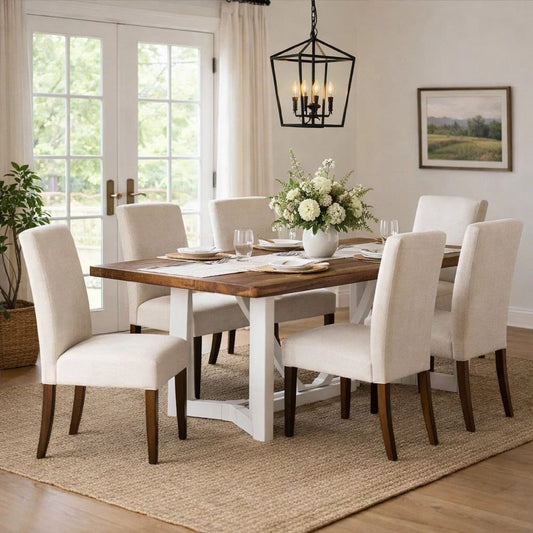 Dan 96 Inch Large Dining Table, Removable Leaf, Pine Wood, Brown, White