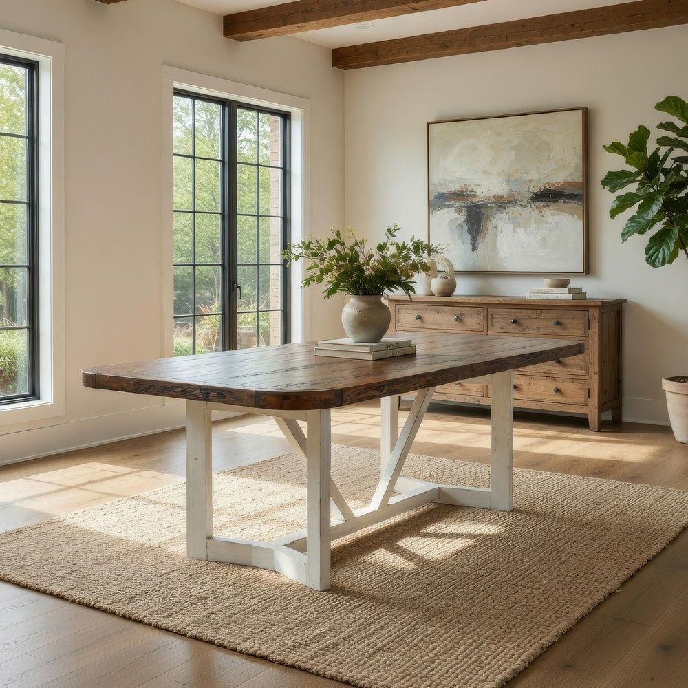 Dan 96 Inch Large Dining Table, Removable Leaf, Pine Wood, Brown, White