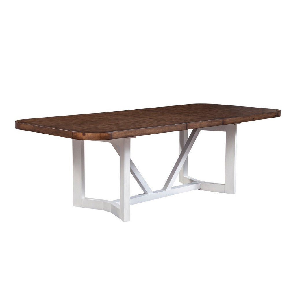 Dan 96 Inch Large Dining Table, Removable Leaf, Pine Wood, Brown, White
