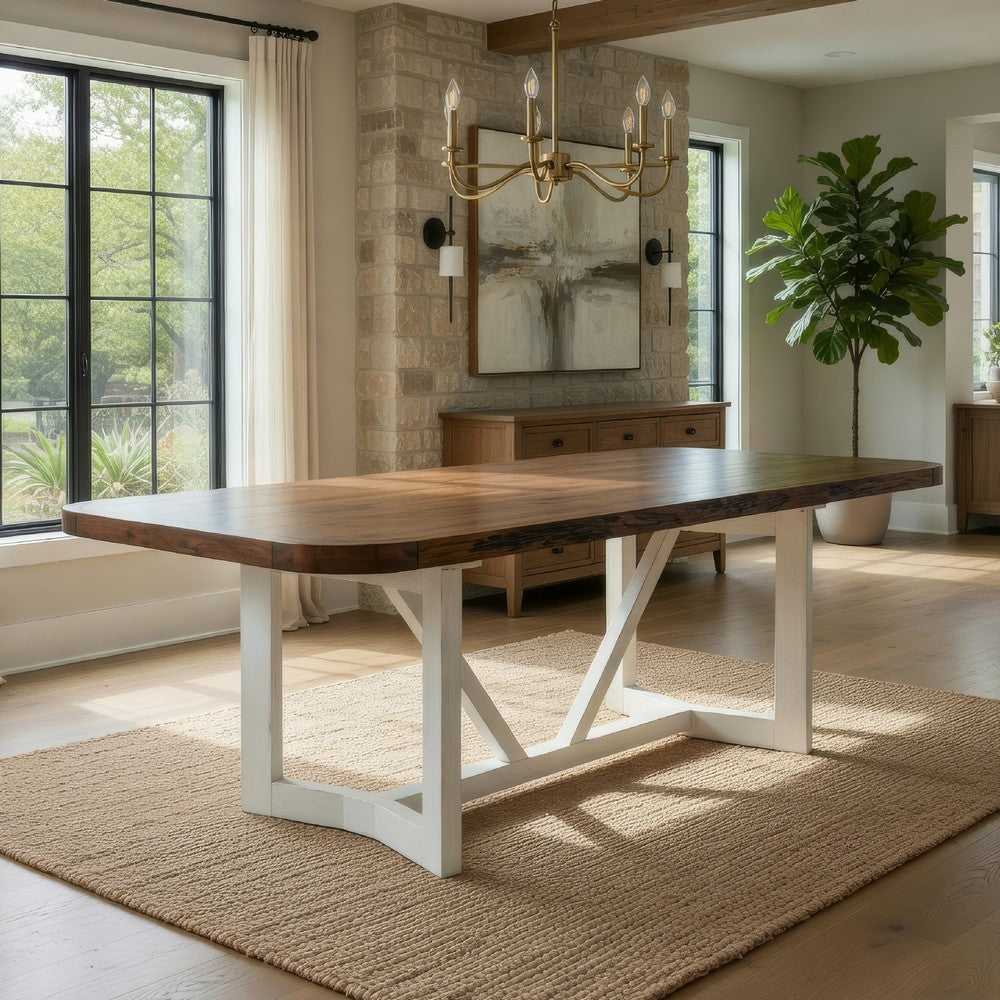 Dan 96 Inch Large Dining Table, Removable Leaf, Pine Wood, Brown, White