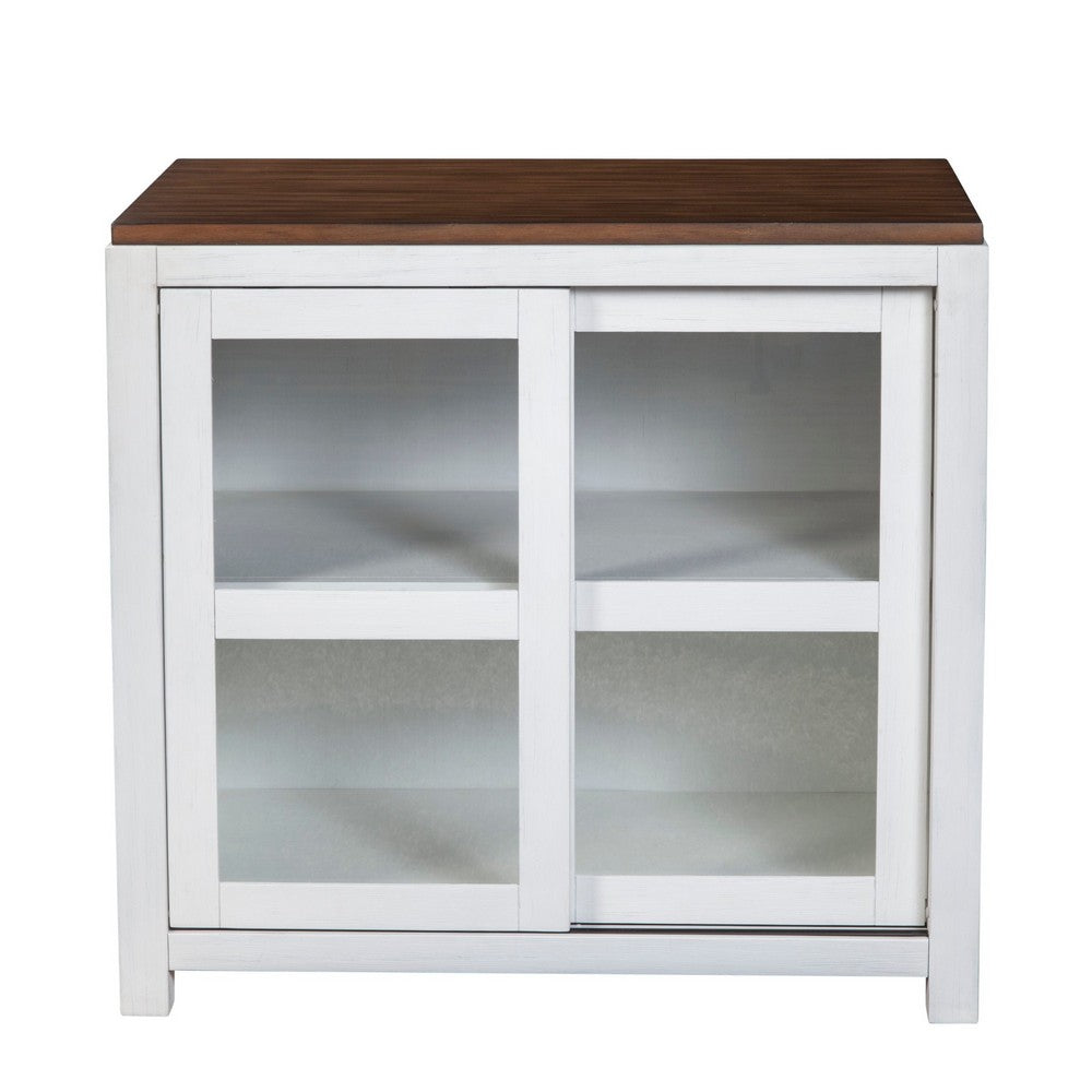Dan 37 Inch Accent Storage Cabinet, Window Pane Sliding Door, Brown, White