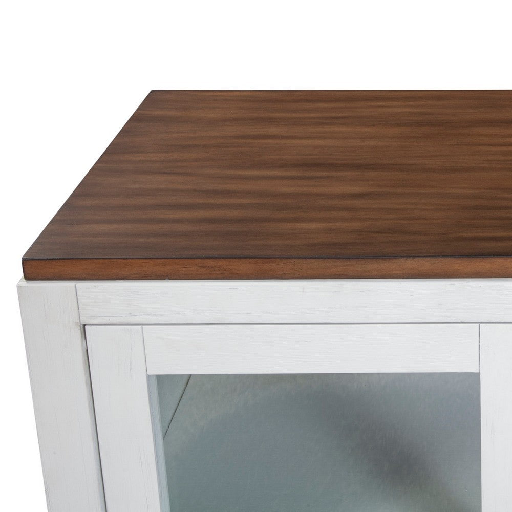 Dan 37 Inch Accent Storage Cabinet, Window Pane Sliding Door, Brown, White