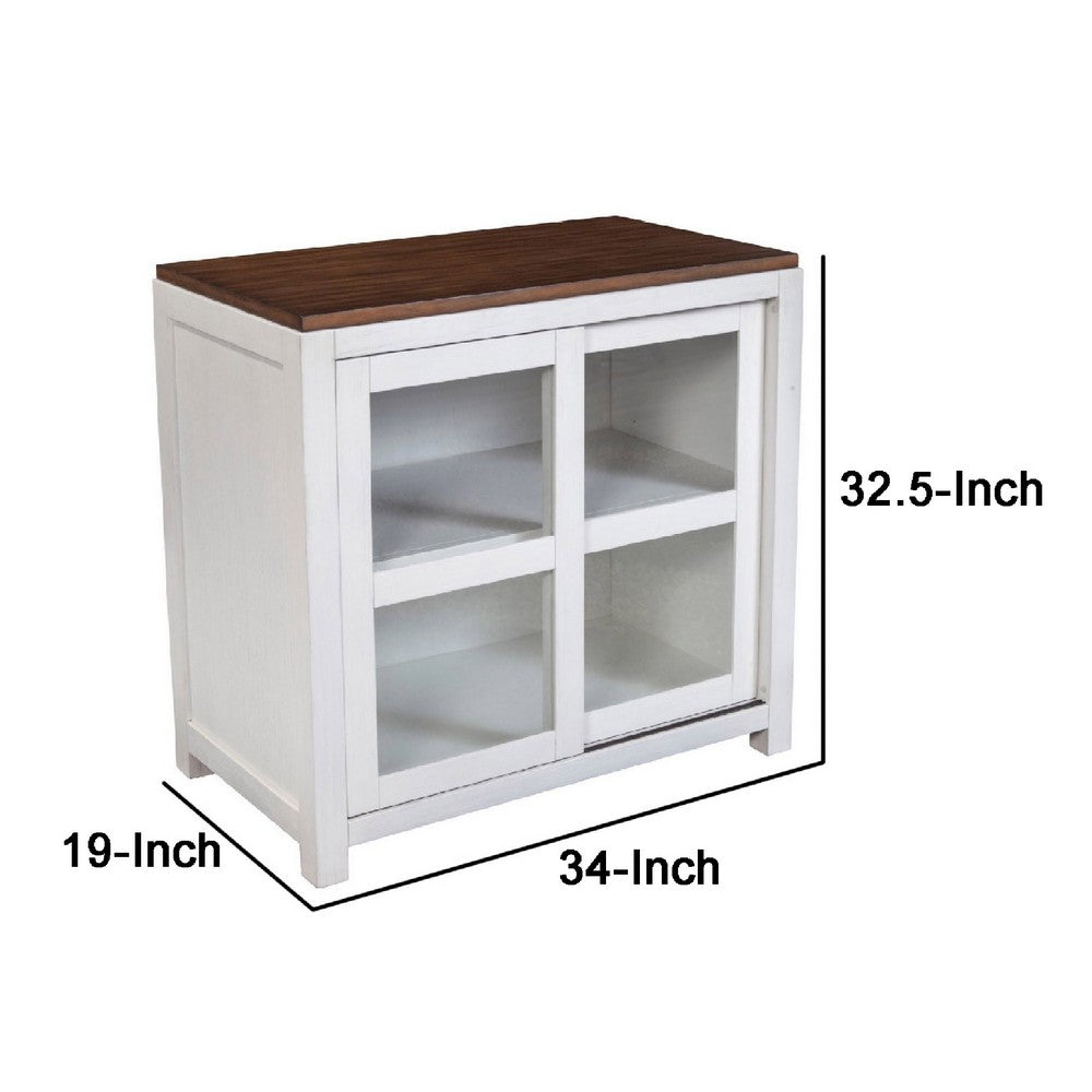 Dan 37 Inch Accent Storage Cabinet, Window Pane Sliding Door, Brown, White