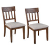 Dan 25 Inch Dining Side Chair, Slatted Back, Gray Cushion, Set of 2, Brown