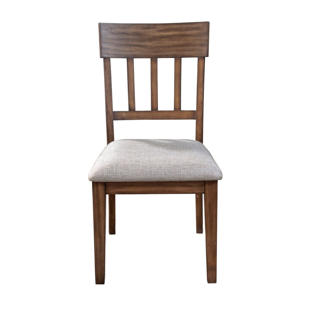 Dan 25 Inch Dining Side Chair, Slatted Back, Gray Cushion, Set of 2, Brown