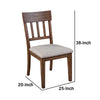 Dan 25 Inch Dining Side Chair, Slatted Back, Gray Cushion, Set of 2, Brown