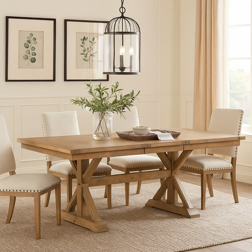 Tess Dining Table | 78" | Extendable Leaf | Trestle Base | Natural Brown