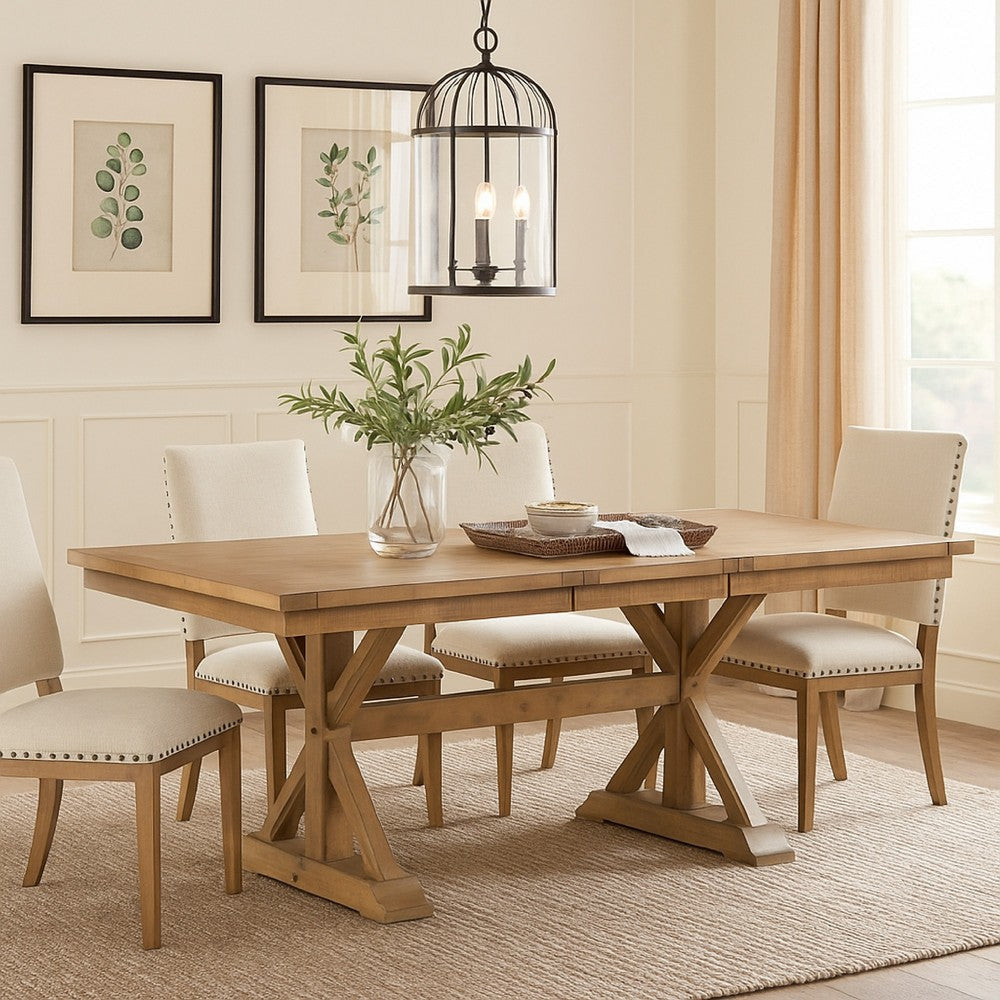 Tess Dining Table | 78" | Extendable Leaf | Trestle Base | Natural Brown