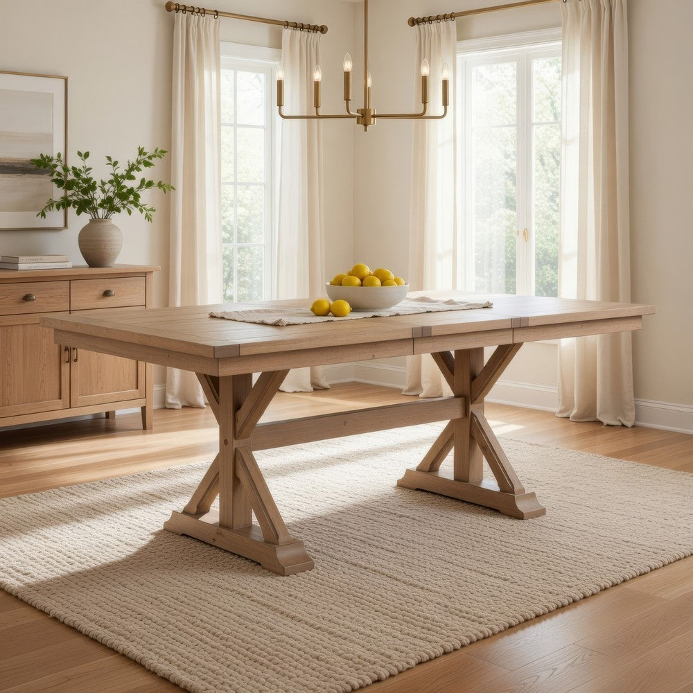 Tess Dining Table | 78" | Extendable Leaf | Trestle Base | Natural Brown