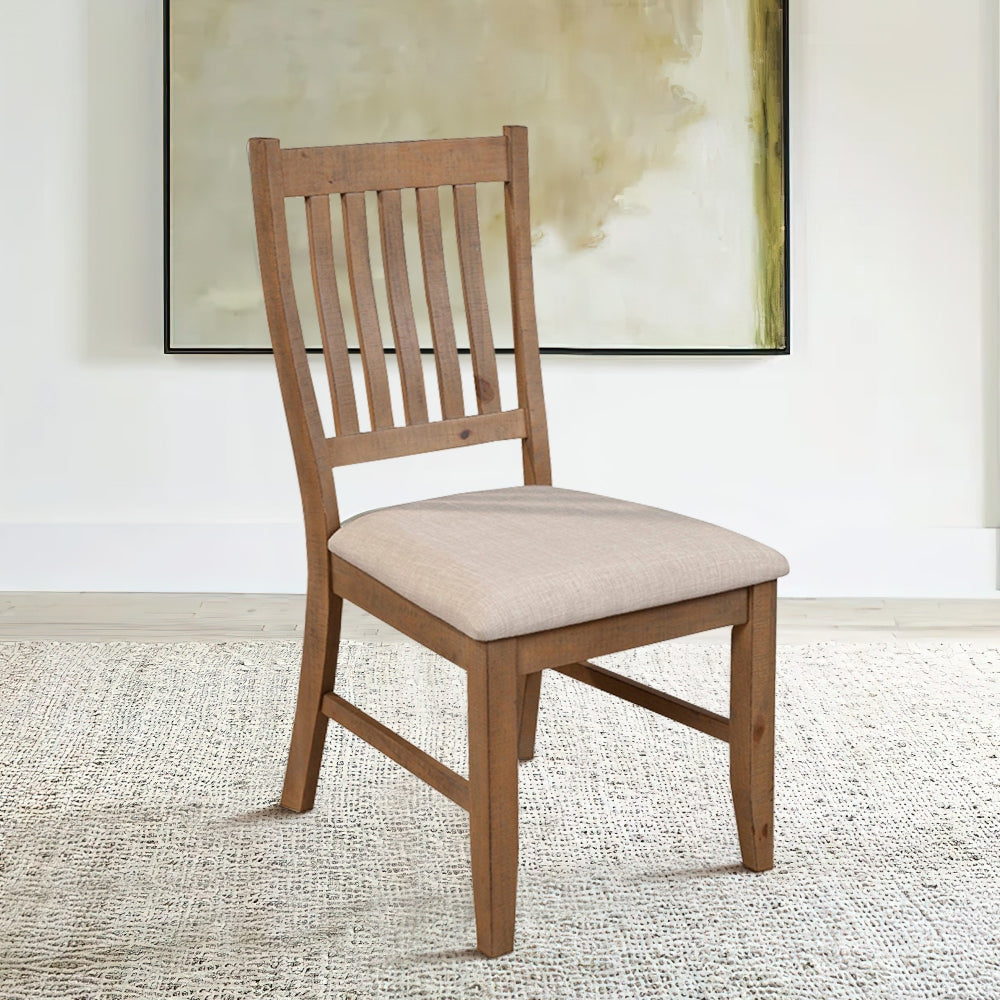 Tess Dining Side Chair | 24" | Set of 2 | Slatted Back | Beige Cushion | Brown