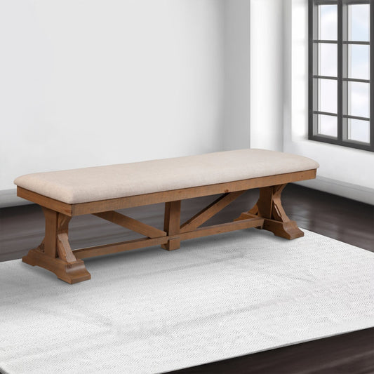 Tess 69 Inch Dining Accent Bench, Beige Fabric Cushion, Pine Wood, Brown By Casagear Home