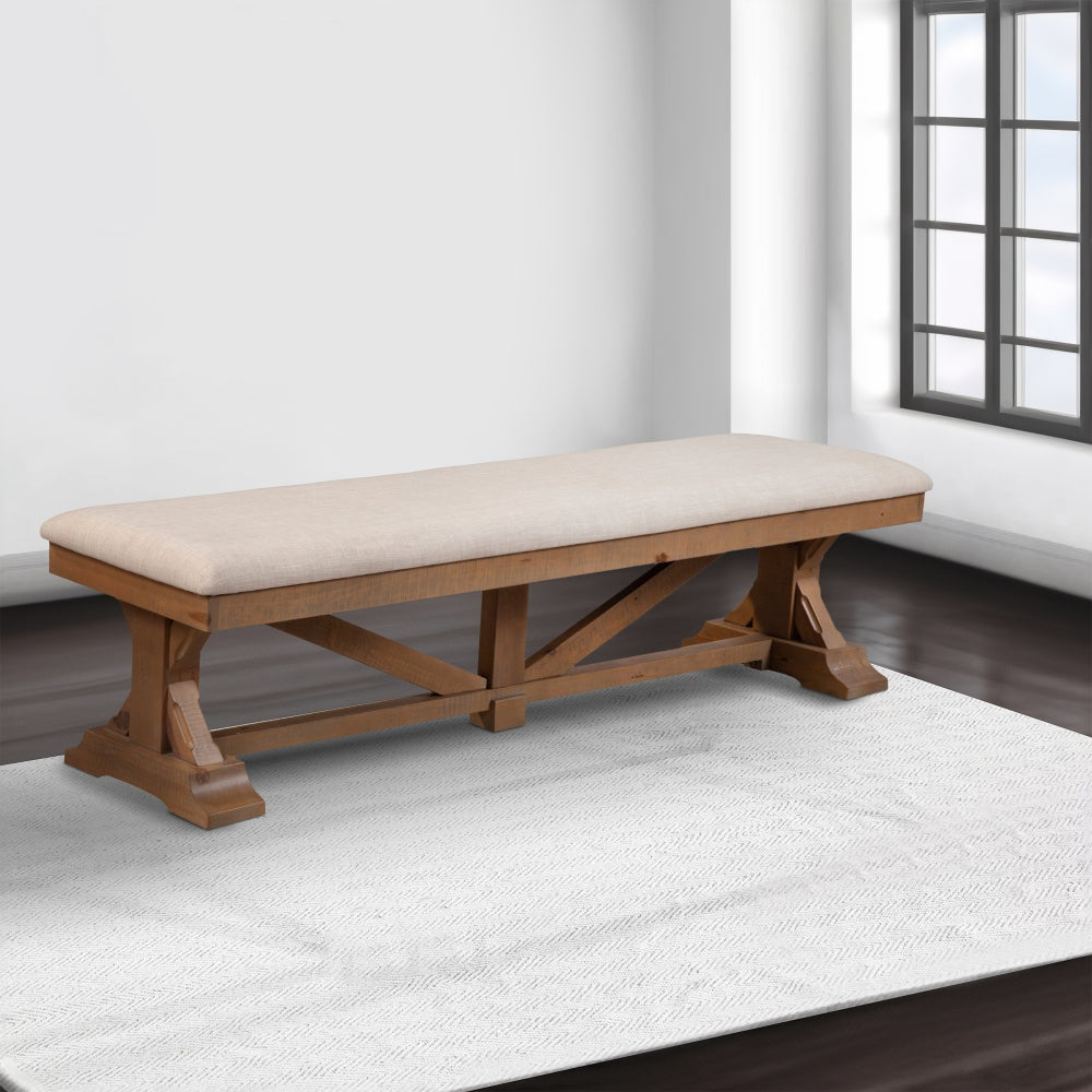 Tess Dining Accent Bench | 69" | Beige Fabric Cushion | Pine Wood | Brown