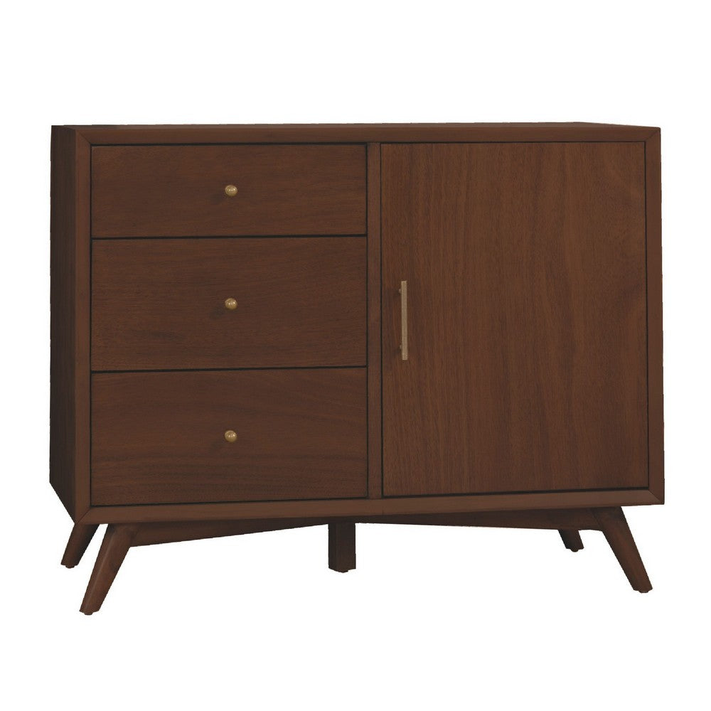 Ian 40 Inch Accent Storage Cabinet, 1 Door, 3 Drawers, Walnut Brown Wood