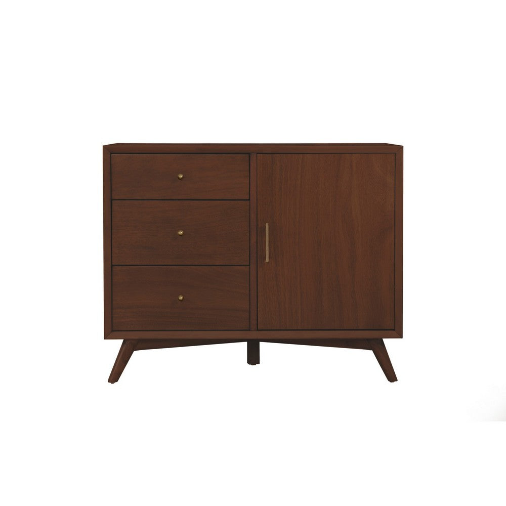Ian 40 Inch Accent Storage Cabinet, 1 Door, 3 Drawers, Walnut Brown Wood