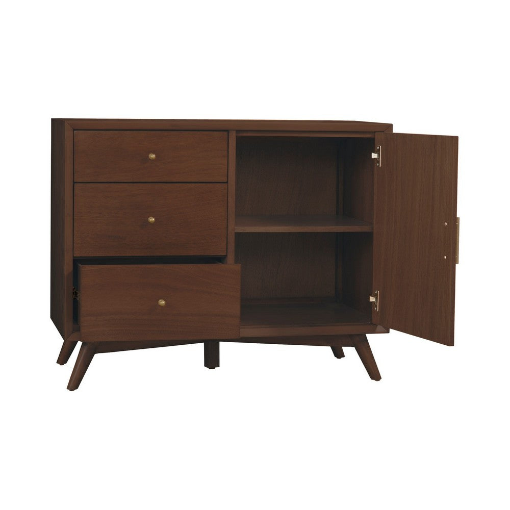 Ian 40 Inch Accent Storage Cabinet, 1 Door, 3 Drawers, Walnut Brown Wood