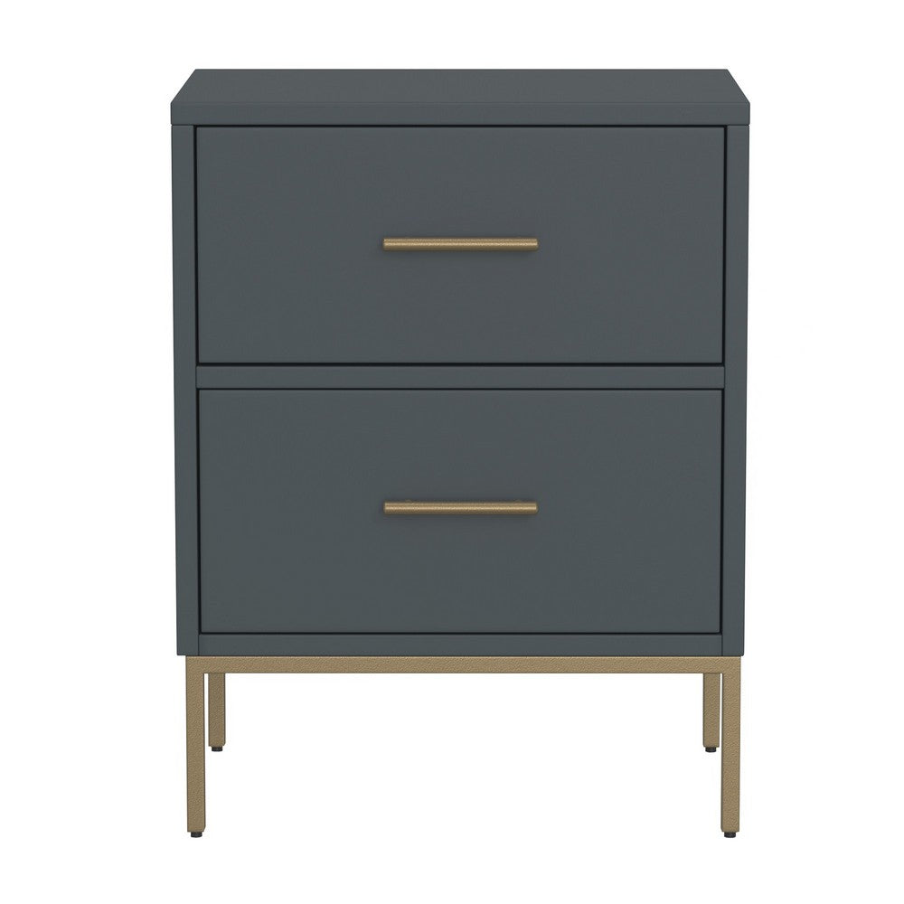 Max 26 Inch 2 Drawer Wood Nightstand, Brass Metal Frame and Handles, Gray