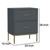 Max 26 Inch 2 Drawer Wood Nightstand, Brass Metal Frame and Handles, Gray