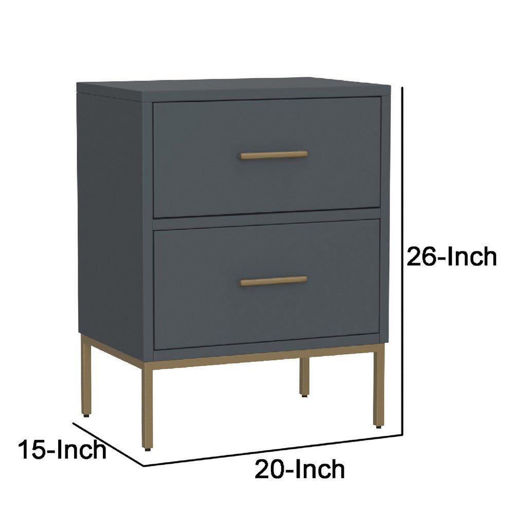 Max 26 Inch 2 Drawer Wood Nightstand, Brass Metal Frame and Handles, Gray