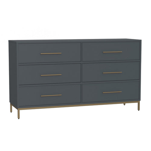 Max 60 Inch 6 Drawer Dresser, Mahogany Wood, Brass Metal Frame, Slate Gray